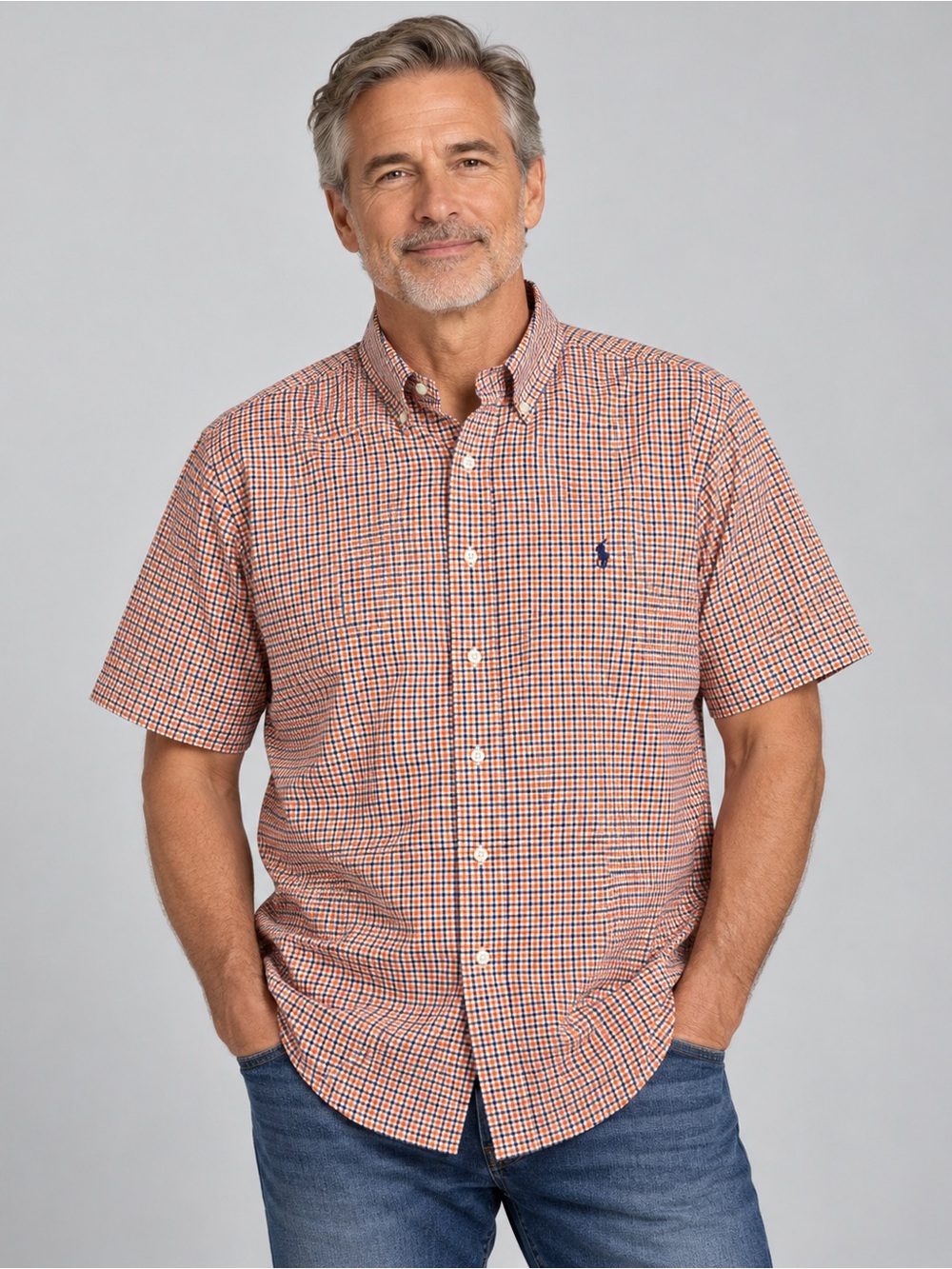 Polo Ralph Lauren Men’s XL Classic Fit Short Sleeve Gingham Shirt Orange Navy